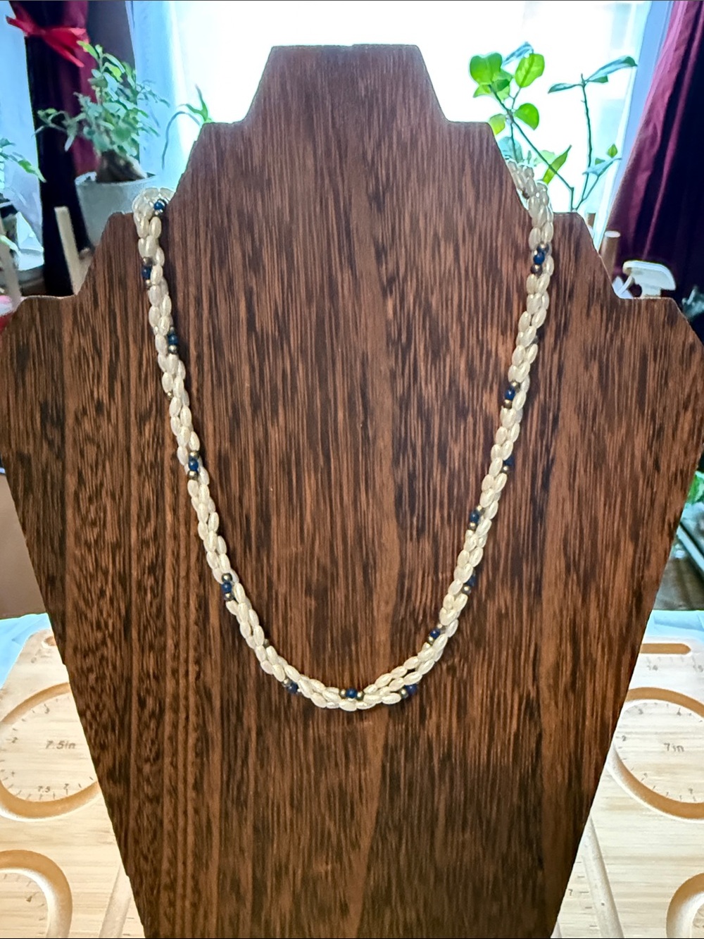 Handcrafted White and Blue Beaded Braided Necklace